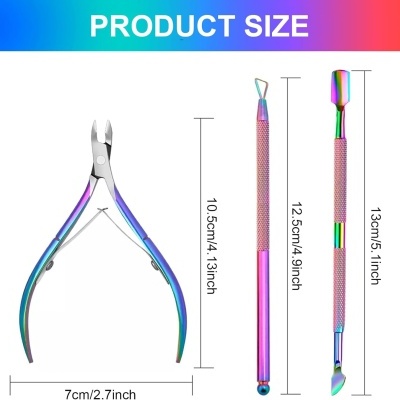 Ferramentas metálicas coloridas para manicure com medidas indicadas.