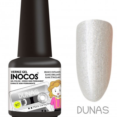 Frasco de verniz gel Inocos preto com amostra branca cintilante