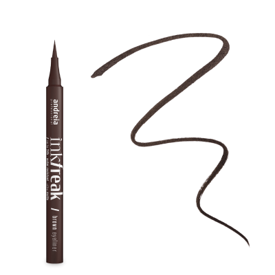 Delineador líquido castanho com texto branco em caneta e traço ao lado