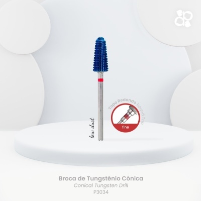 Broca de tungsténio cónica azul com haste metálica num pedestal branco