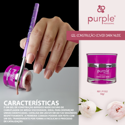 Gel de construção Cover Dark Nude da Purple Professional com embalagem rosa e pincel roxo