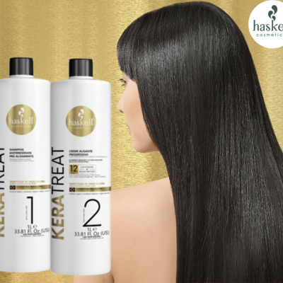 Dois frascos de produto para cabelo Haskell KERATREAT e mulher com cabelo liso e brilhante