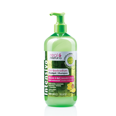 Frasco verde translúcido de shampoo Real Natura Intensivo Pro-Quebradiços com doseador verde
