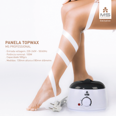 Panela de cera elétrica branca com tampa preta e pernas femininas com fita branca enrolada.