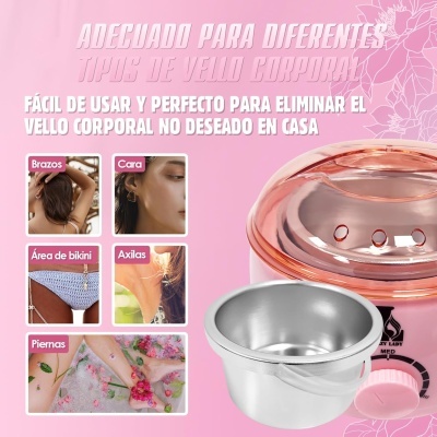 Depilador elétrico rosa com tampa transparente e recipiente metálico em fundo rosa com texto e imagens de zonas do corpo para uso