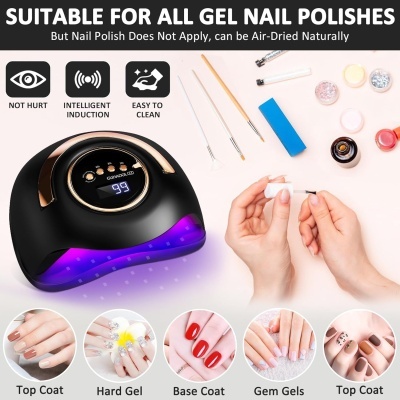 Dispositivo cura unhas UV/LED preto com luz roxa, ferramentas e verniz em fundo claro