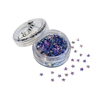 Recipiente transparente com glitter em forma de estrelas roxas