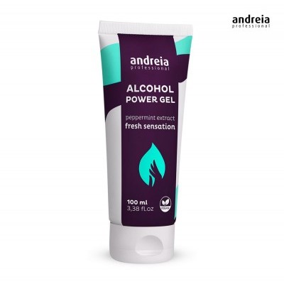 Gel alcoólico em tubo roxo, branco e azul-turquesa com texto e símbolo vegano