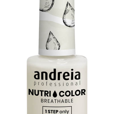 Frasco de verniz para unhas Andreia Nutri Color branco com tampa branca com gotas e texto preto