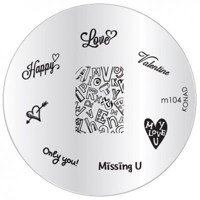 Placa metálica redonda para carimbos de unhas com vários textos e desenhos em preto sobre fundo prateado