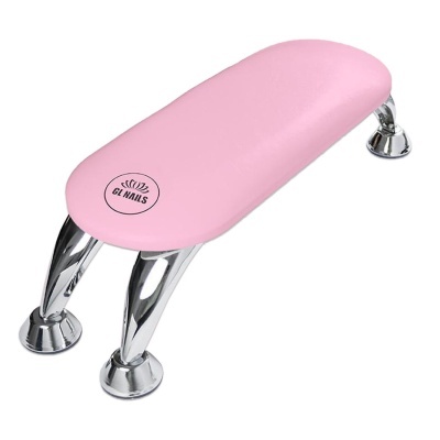 Descanso de mão rosa para unhas com pernas cromadas e texto GEL NAILS