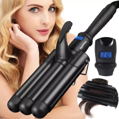 Modelador de cabelo elétrico preto da Soulima com 3 cilindros e visor digital azul