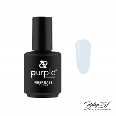 Frasco preto de verniz de unhas Purple Professional com texto branco e amostra branca translúcida