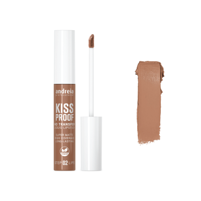 Batom líquido kiss proof Andreia Professional cor castanha nude com aplicador aberto e amostra da cor