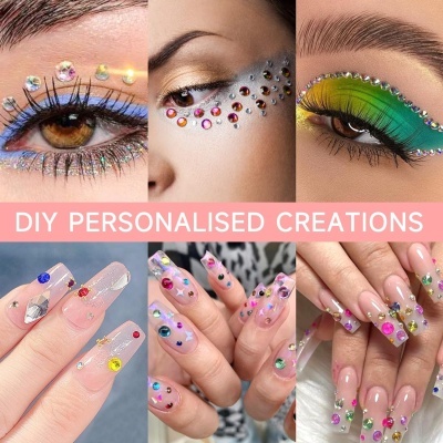 Maquilhagem artística e unhas decoradas com pedras coloridas e brilhantes, texto 'DIY PERSONALISED CREATIONS'