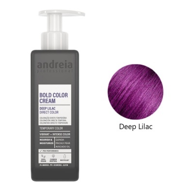 Frasco de creme de coloração temporária Andreia Professional Bold Color Cream na cor Deep Lilac com amostra da cor.