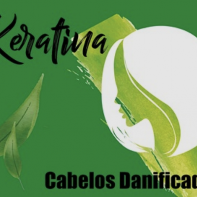 Imagem gráfica verde com texto 'Keratina' e 'Cabelos Danificados' e figura estilizada de cabeça com folha.