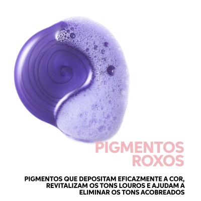 Pigmentos roxos em tinta espiral com espuma e texto em português
