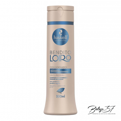 Frasco bege claro de condicionador Haskell Bendito Loiro 300 ml com rótulo azul e branco