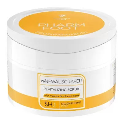 Frasco plástico branco e amarelo com tampa contendo esfoliante revitalizante para pés, mãos e corpo.