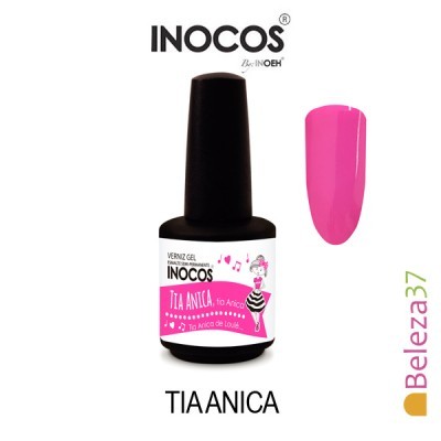 Frasco de verniz gel INOCOS TIA ANICA e amostra da cor rosa forte