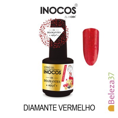 Frasco de verniz gel INOCOS cor diamante vermelho com amostra da cor