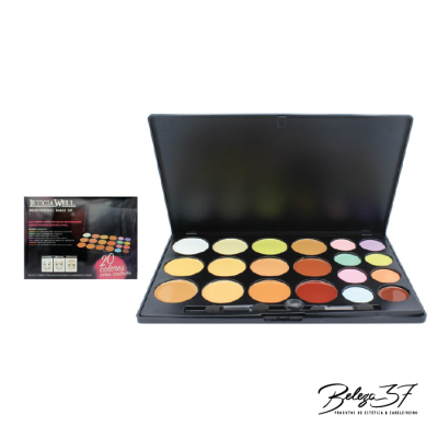 Estojo preto aberto com 20 cores de maquilhagem e embalagem preta ao lado