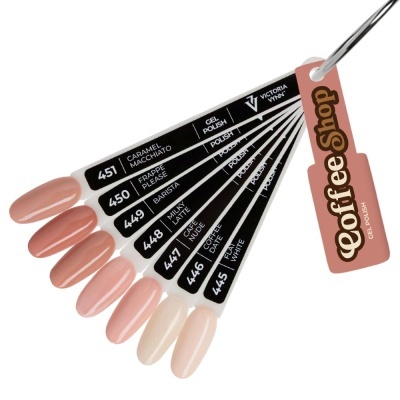 Amostras de verniz gel para unhas em tons nude e castanhos com etiqueta Coffee Shop.