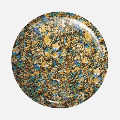 Prato redondo com padrão decorativo azul, dourado, branco e castanho