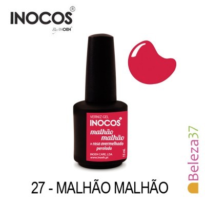 Verniz gel Inocos rosa avermelhado em embalagem preta sobre fundo branco