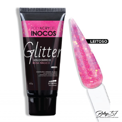Gel para unhas Polyacrygel INOCOS Glitter rosa holográfico e amostra da cor