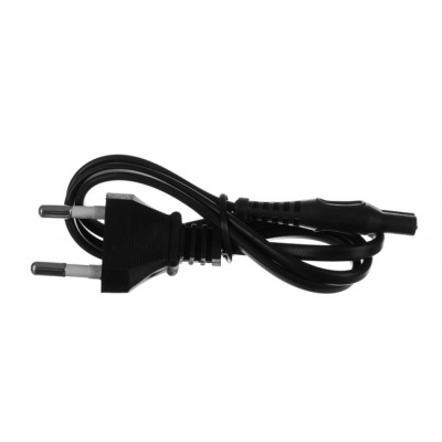 Cabo elétrico preto com ficha de dois pinos sobre fundo branco