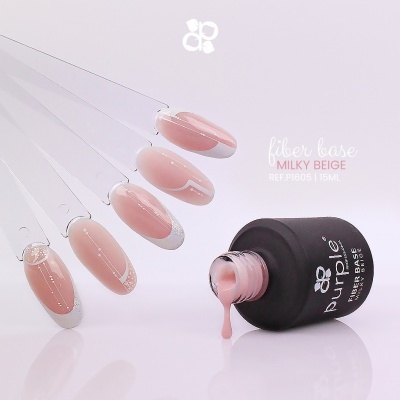 Frasco aberto de verniz gel Purlife bege rosado com amostras de unhas artificiais