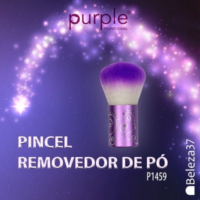 Pincel removedor de pó roxo com cabo metálico decorado e cerdas brancas com ponta roxa