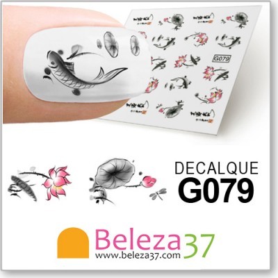 Decalques para unhas com desenhos de peixes e flores, código G079
