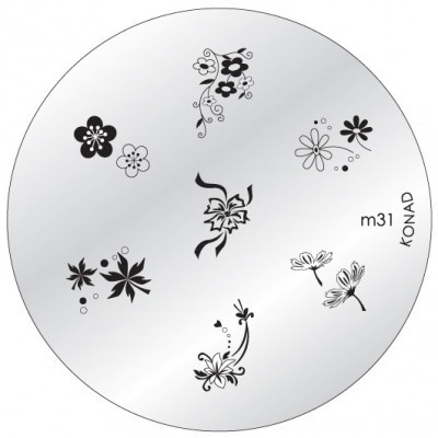 Placa circular metálica prateada com estampas florais pretas e texto m31 KONAD