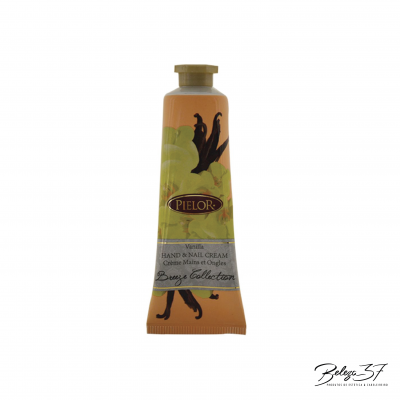 Tubo de creme para mãos e unhas Pielor Vanilla com design floral e texto em vários idiomas