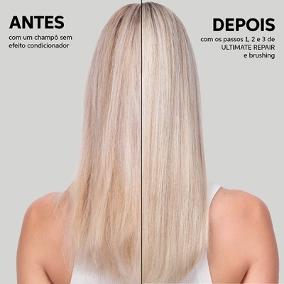 Antes e depois de cabelo loiro tratado, lado esquerdo cabelo encaracolado e lado direito cabelo liso e brilhante