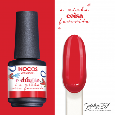 Frasco de verniz gel Inocos e amostra de cor vermelha sobre fundo vermelho e branco