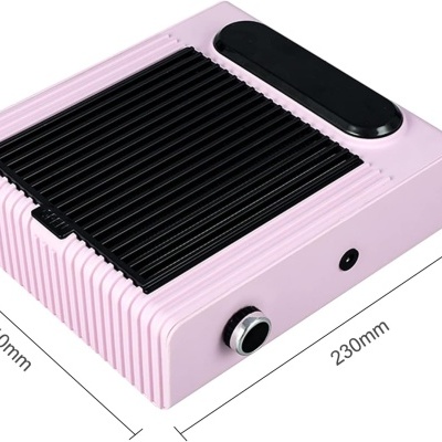 Dispositivo cor de rosa com grelha preta e botões, medidas indicadas