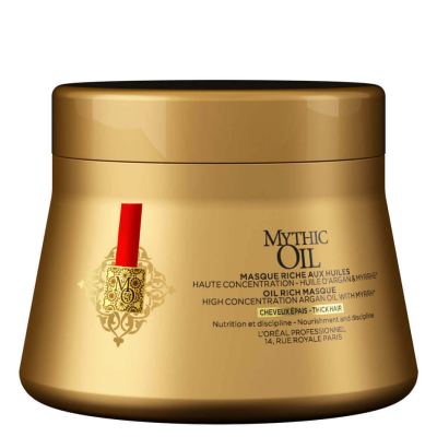Pote dourado com máscara de óleo para cabelo Mythic Oil