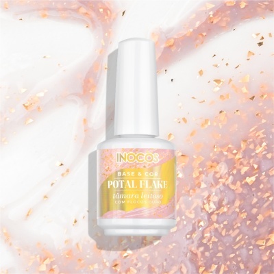 Frasco de verniz inocos base e cor Potal Flake tâmara leitoso com flocos de ouro