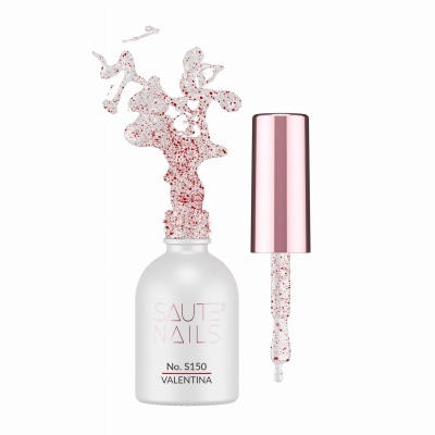 Verniz para unhas branco com partículas vermelhas e tampa rosa metálica aberto com aplicador