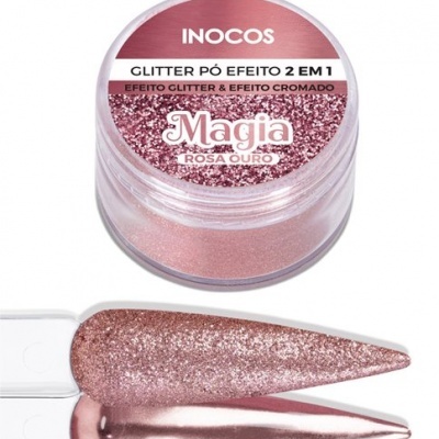 Pote de glitter rosa ouro para unhas da marca INOCOS com duas amostras de cor.