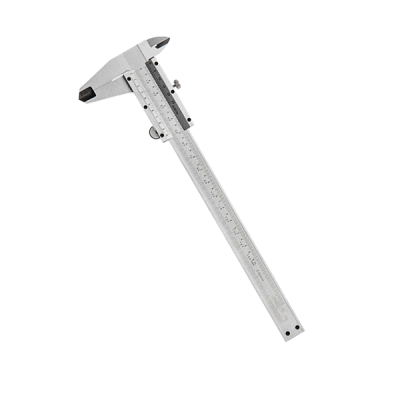 Paquímetro metálico prateado com escala e parte deslizante para medições