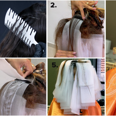 Colagem mostrando logótipo Beleza 57, etapas de aplicação de mechas com folhas de alumínio no cabelo e cabelo loiro ondulado finalizado.