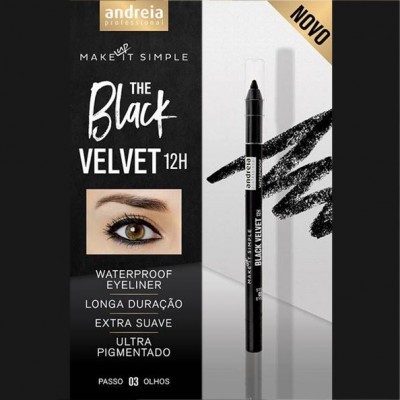 Eyeliner preto à prova de água Andreia Professional The Black Velvet 12H em embalagem preta com texto branco e dourado