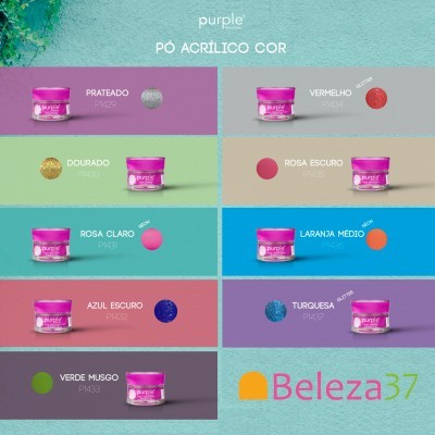 Latas de pó acrílico Purple em várias cores com amostras ao lado e fundo colorido.