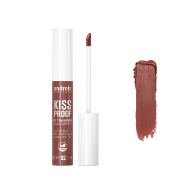 Batom líquido matte Andreia Professional Kiss Proof castanho rosado com aplicador e amostra da cor