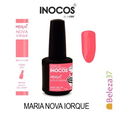 Verniz gel INOCOS Maria Nova Iorque Coral City com amostra de cor coral